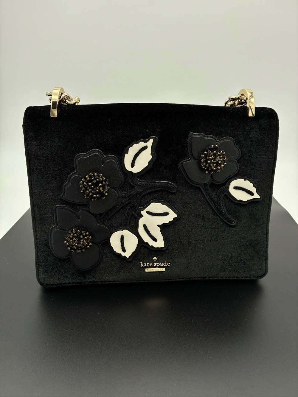 kate spade - Cameron Street Embellished Marci in Black Velvet & Floral Appliqués